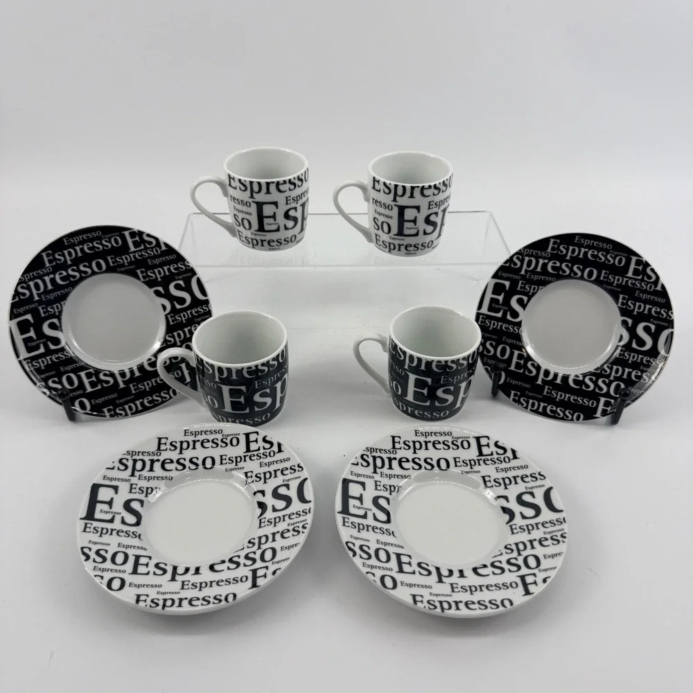 Konitz Espresso Typography Demitasse Cup & Saucer Set of 4 Black‎ White